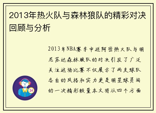 2013年热火队与森林狼队的精彩对决回顾与分析